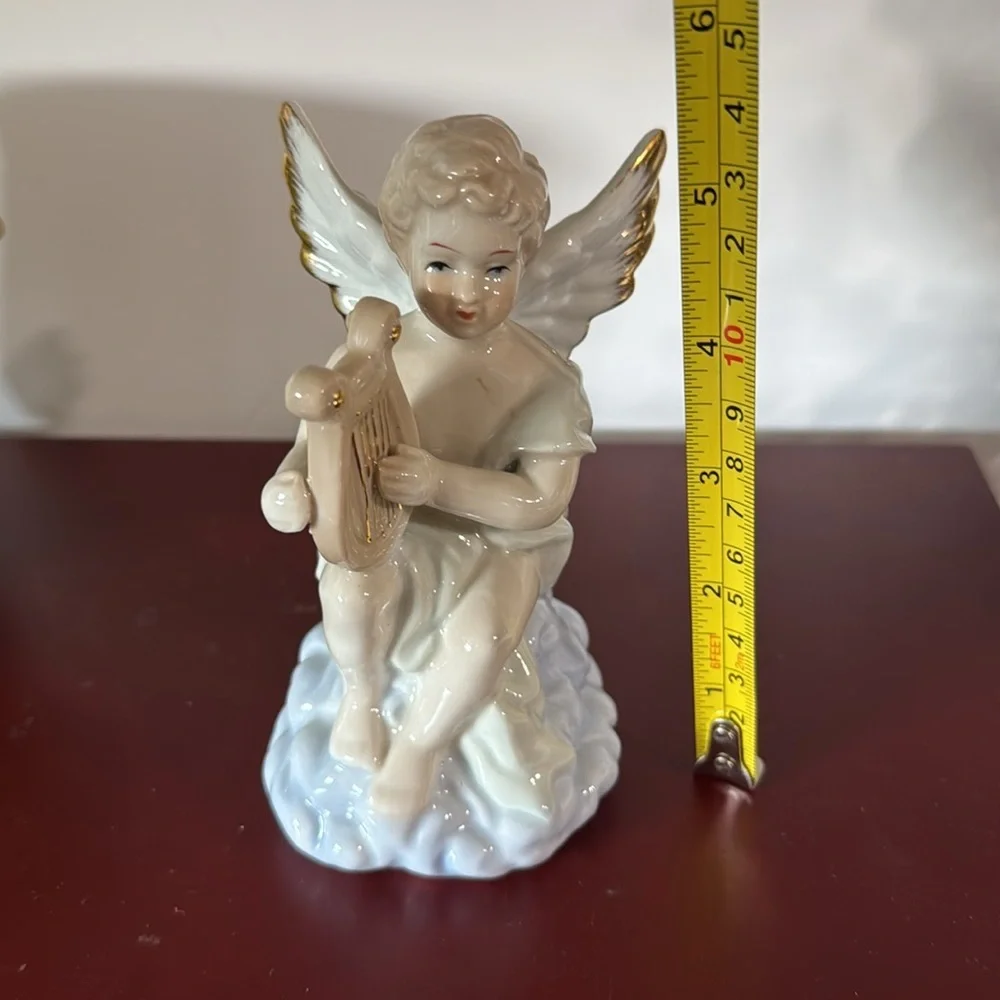 Vintage Cherub Figurine angel playing a harp